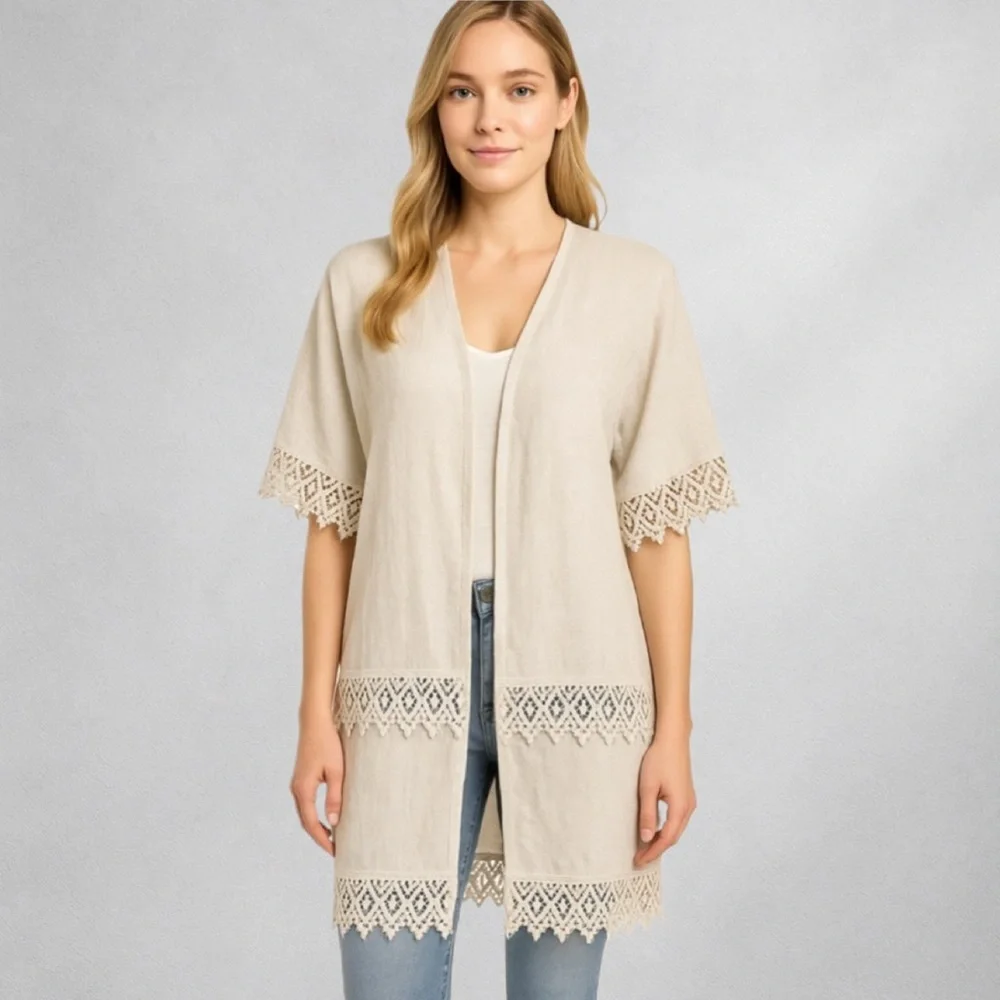 Valentina Naldi 100% Linen Women’s Tunic L/XL One Size Lace Trim Boho Italy 0157